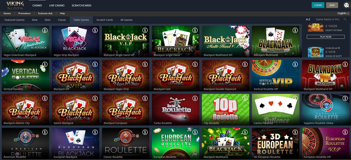 Table Games Catalogue in Viking Slots Casino